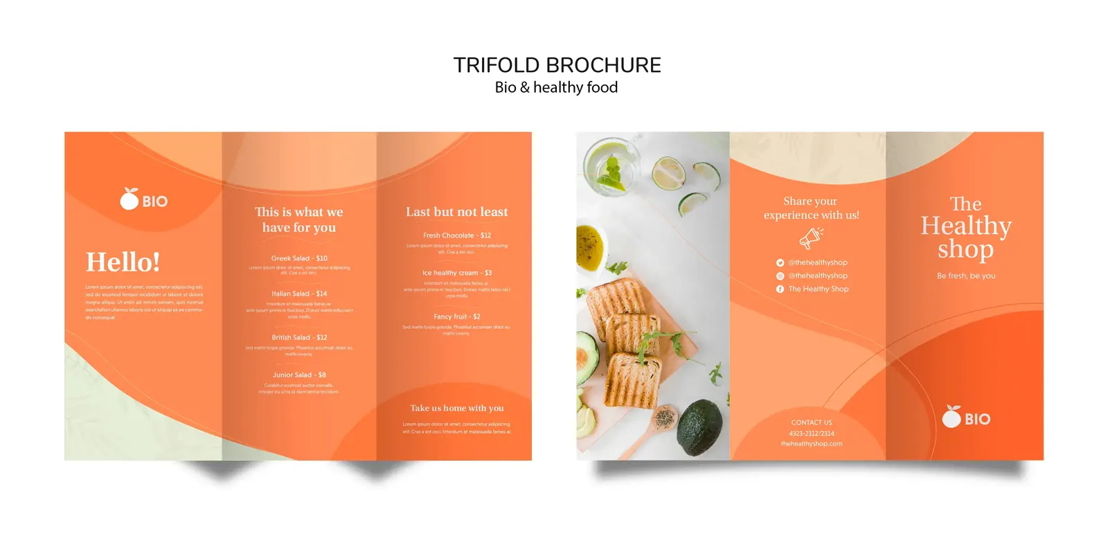 Dépliant trifold arancione per un negozio di cibo bio