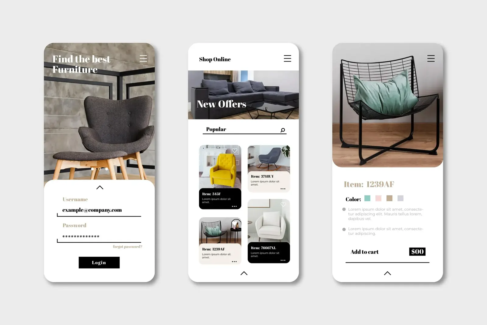 App e-commerce di arredo su tre schermi telefono