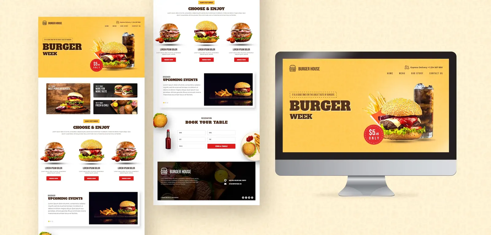 Sito vetrina di una hamburgeria su desktop e pagine interne